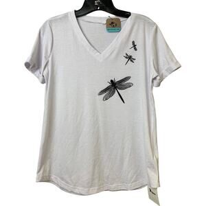 New Hand Printed Womens Small White Black Dragonfly Short Sleeve VNeck Tee Shirt